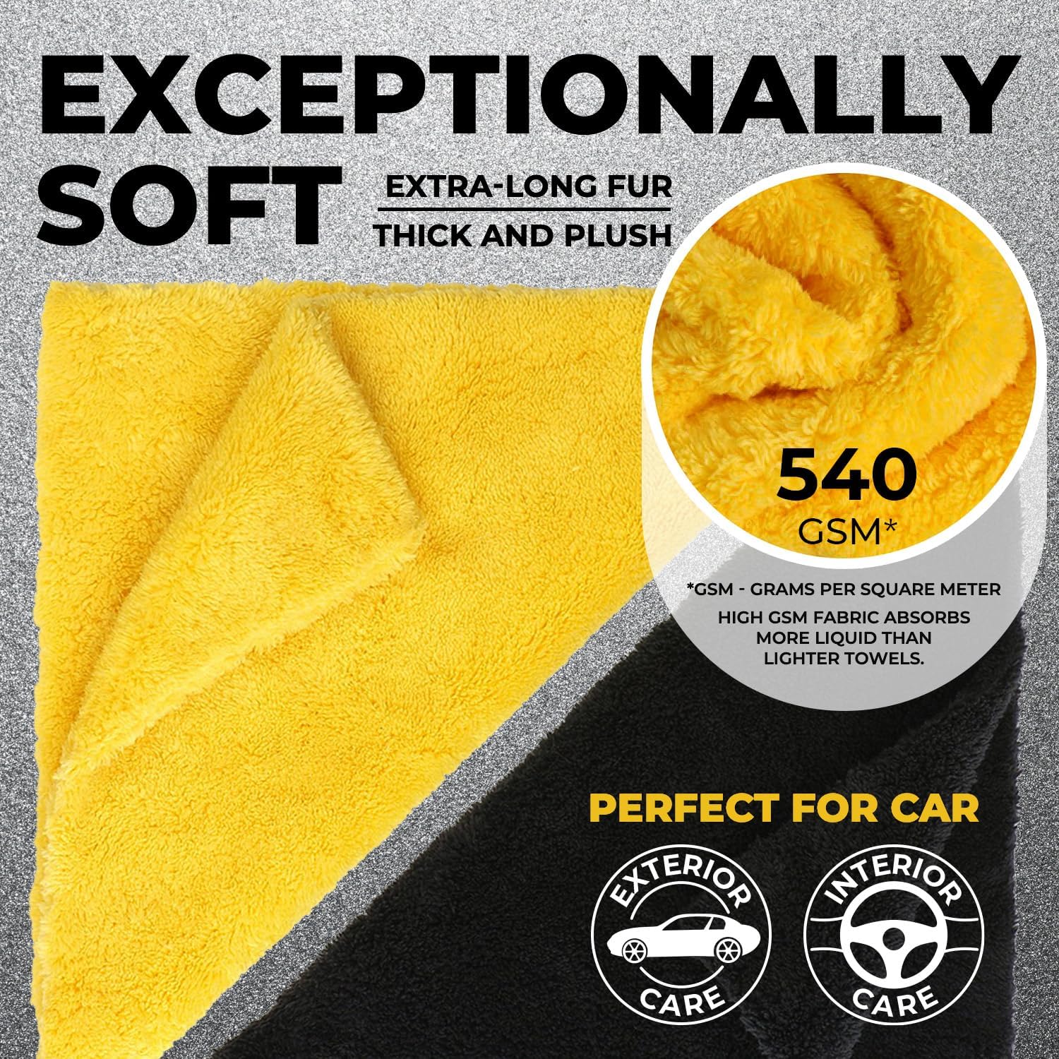 Edgeless Microfiber Towels for Cars – 6pk (12”x12”) - 540 GSM - Super Soft Detailing & Buffing