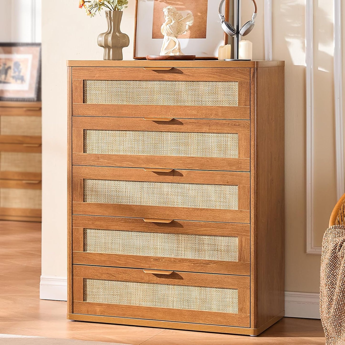 LEYAOYAO Dresser for Bedroom, 41" Tall Chest of Drawers, Modern 5 Drawers Boho Rattan Dressers with