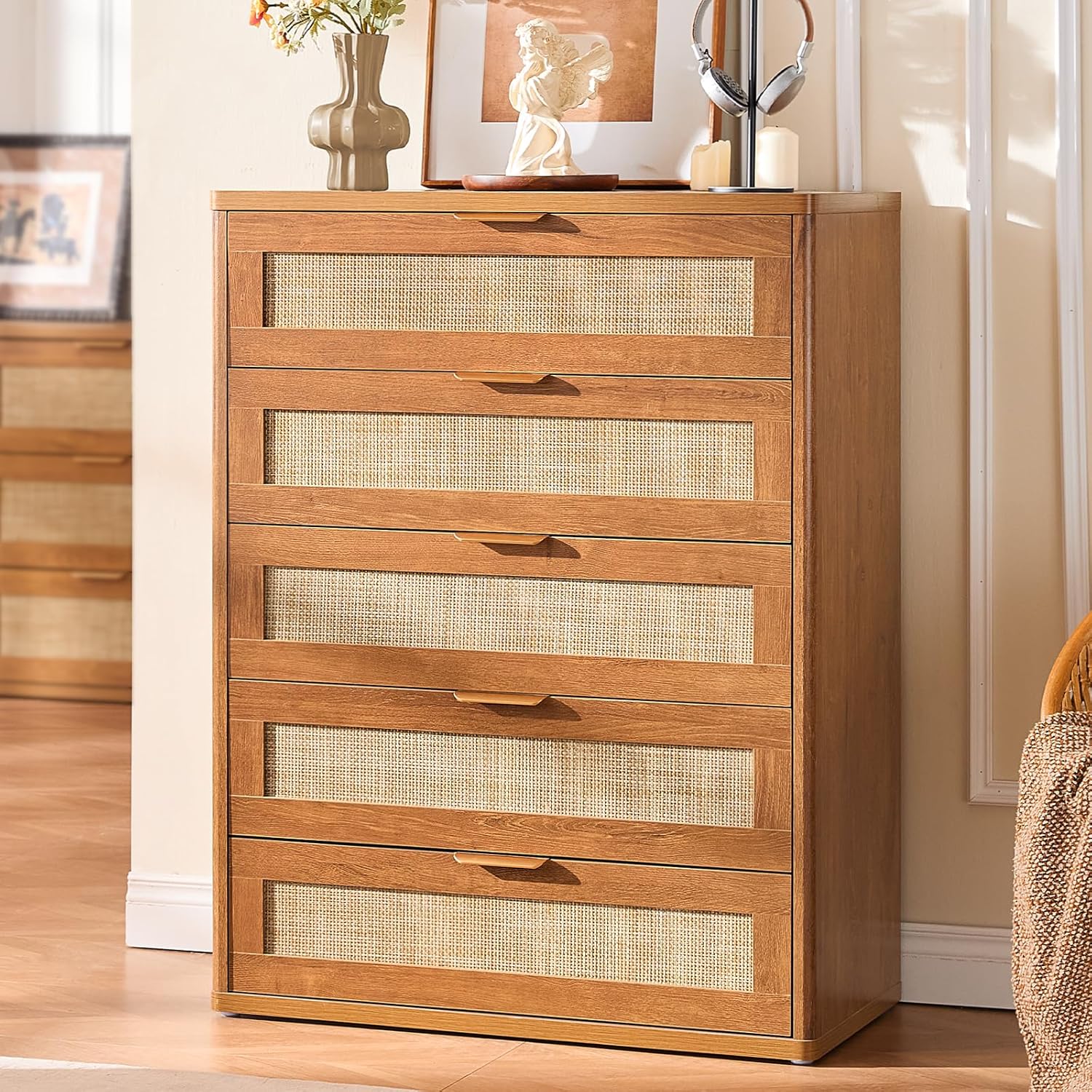 LEYAOYAO Dresser for Bedroom, 41" Tall Chest of Drawers, Modern 5 Drawers Boho Rattan Dressers with