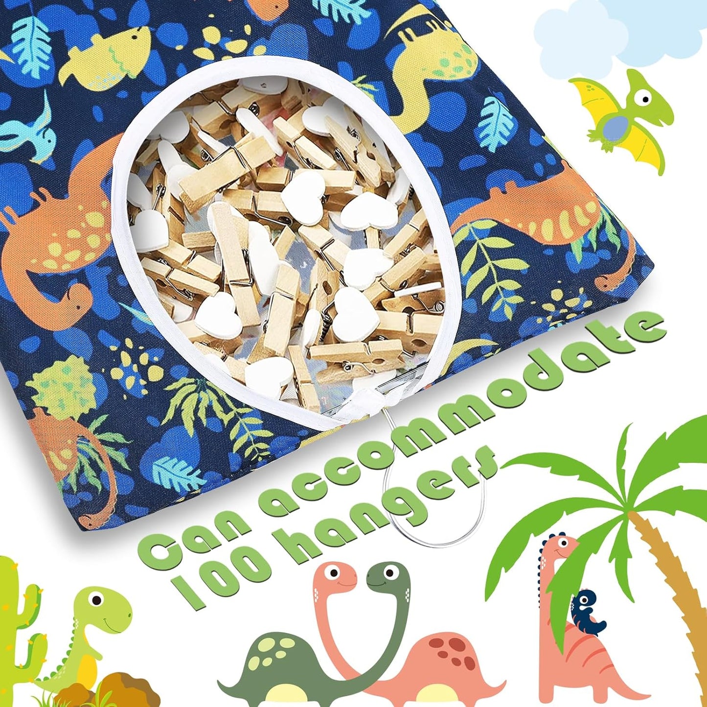 2 Pcs Dinosaurs Clothespin Holder - 15 X 11 Inch Clothes Pin Hanging Bag for Clothesline, Outdoor