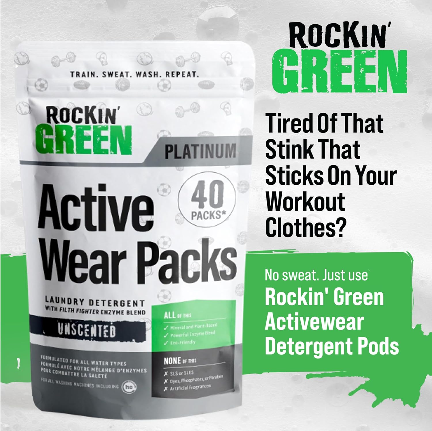 Rockin' Green Laundry Detergent Pods, Plant-based, All Natural, Vegan & Biodegradable Odor Fighter