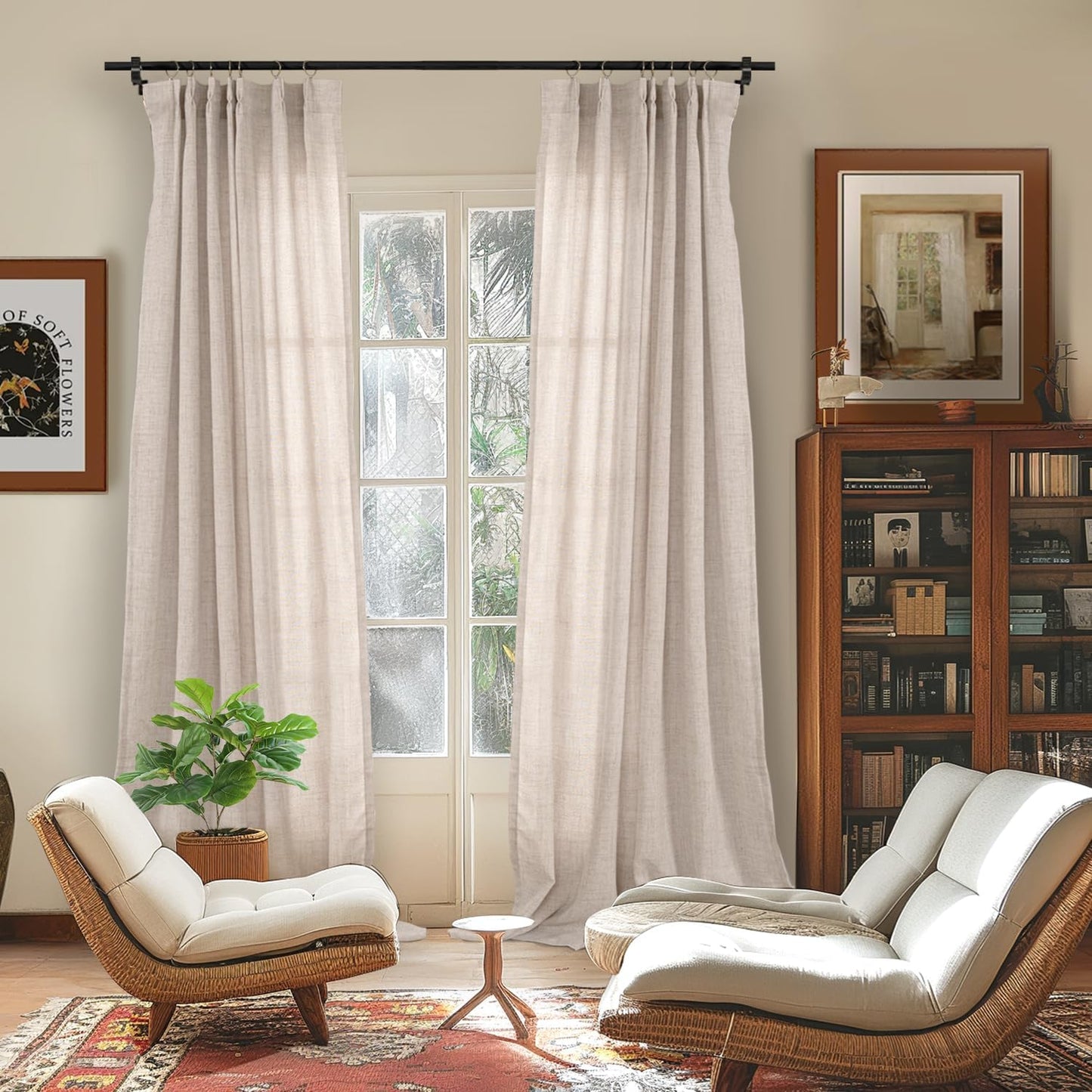 YoungsTex Natural Linen Back Tab Curtains 84 Inch Length 2 Panels - Light Filtering Drapes Rustic