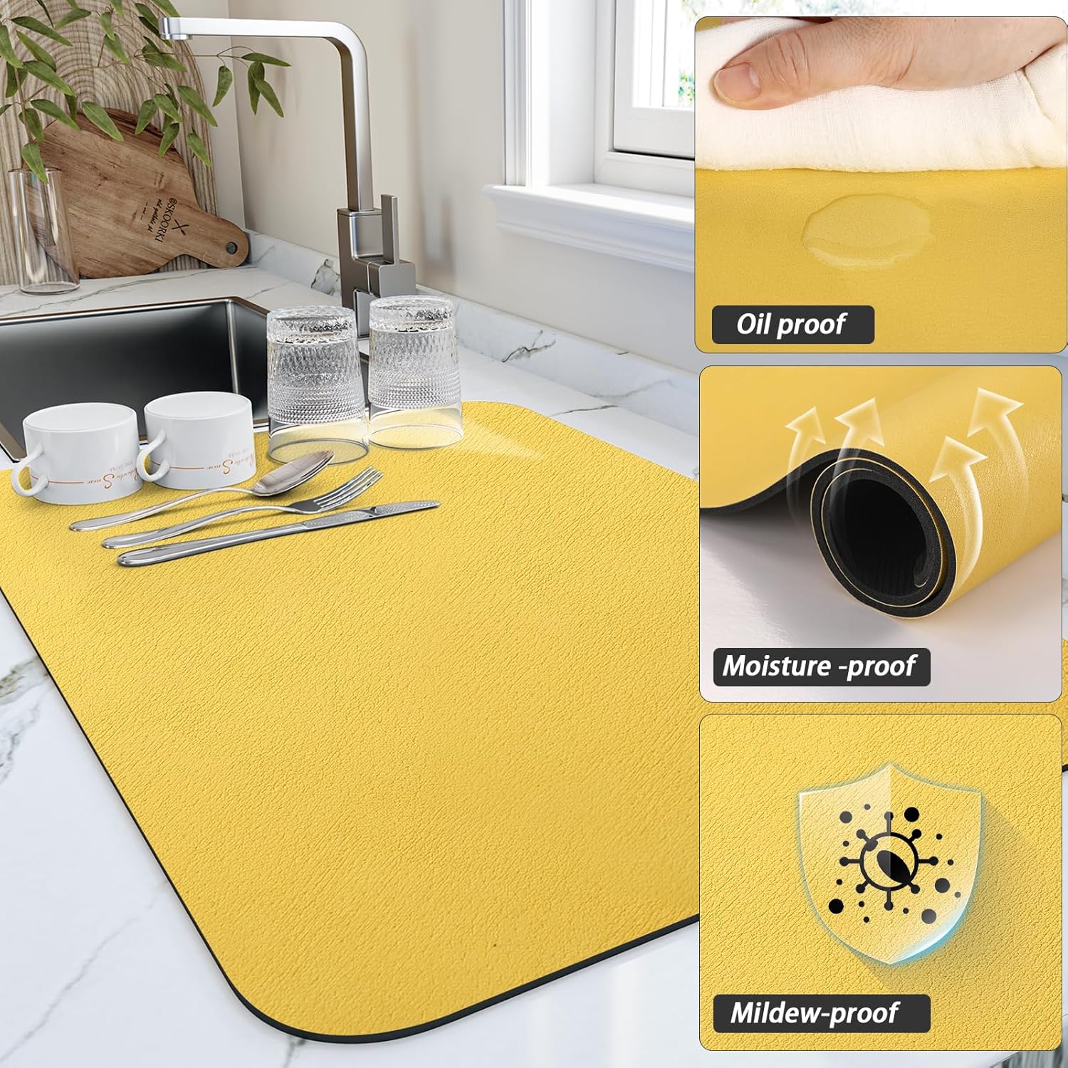 Dish Drying Mat for Kitchen Counter, Heat Resistant Drainer Mats with Non-slip Rubber Backed, Hide