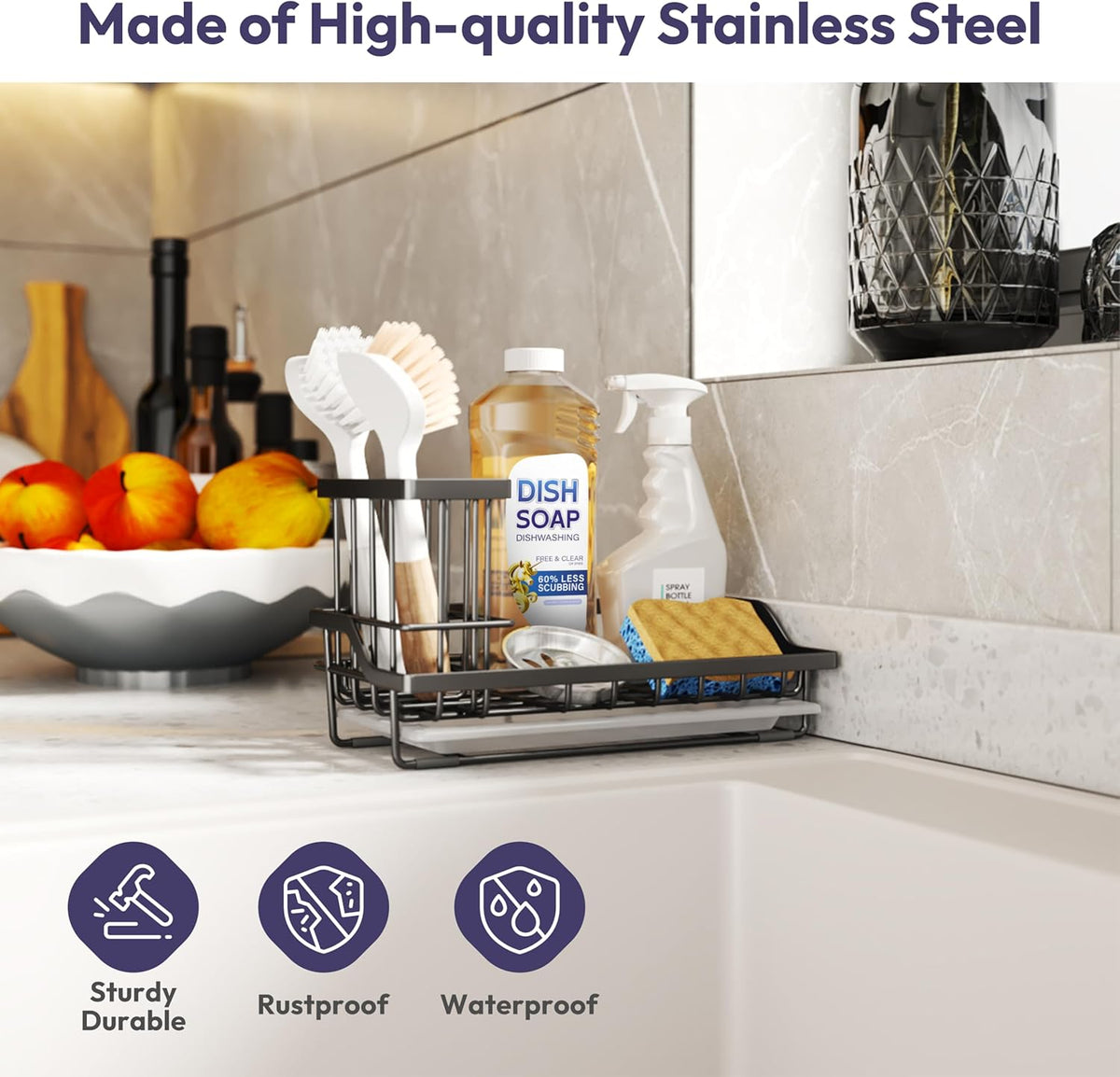 SWTYMIKI Large Sink Caddy Kitchen Sink Organizer with Detachable Brush Holder, Stainless Steel