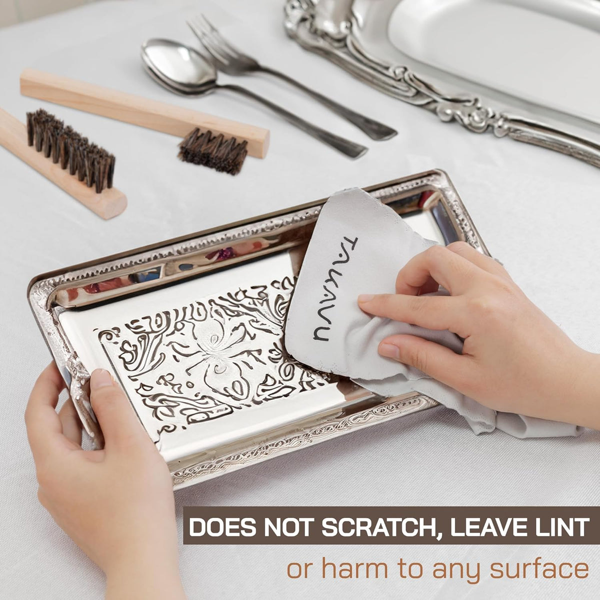 TAKAVU Horsehair Detail Brush Set, Silver Cleaning Brushes & Polish Cloth for Silverware Plateware