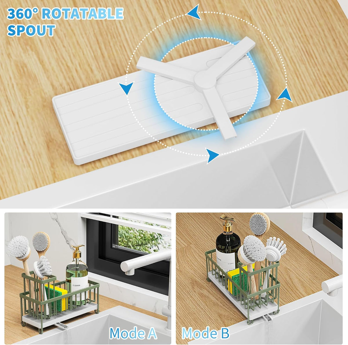 Cisily Sage Green Sponge Holder for Kitchen Sink, Sink Caddy Organizer with High Brush Holder