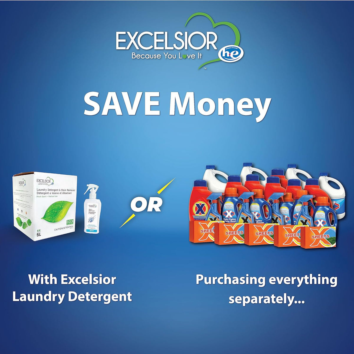 Excelsior HE Concentrated Liquid Laundry Detergent with Stain Remover, Removes 333 Loads for