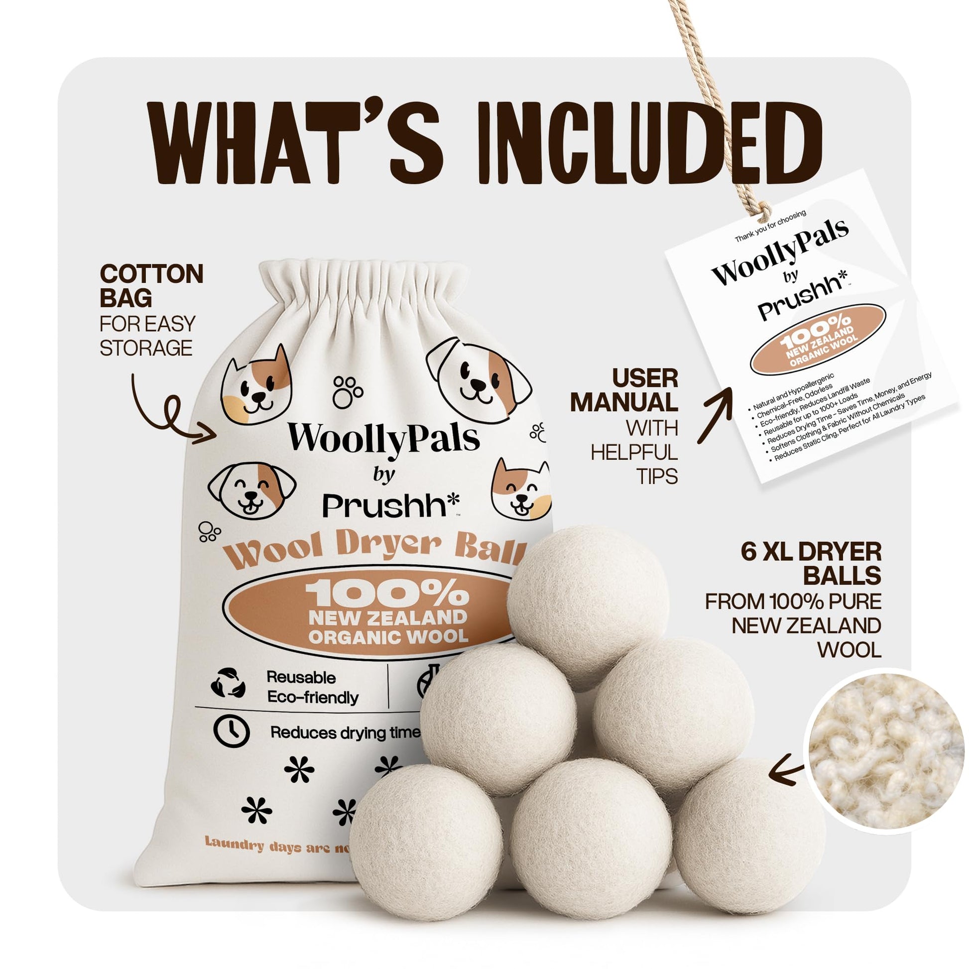 WoollyPals Dryer Balls (6-Pack, XL Size) - 100% New Zealand Wool - No More Dryer Sheets - Eco Dryer