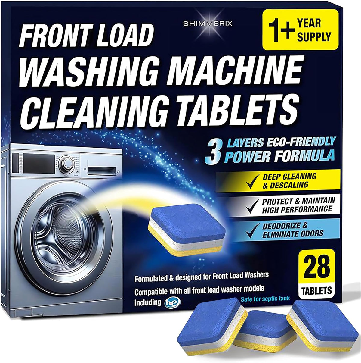 Washing Machine Cleaner Descaler 28 Pack - Designed for Front Loader Washer - Deep Cleaning Tablets