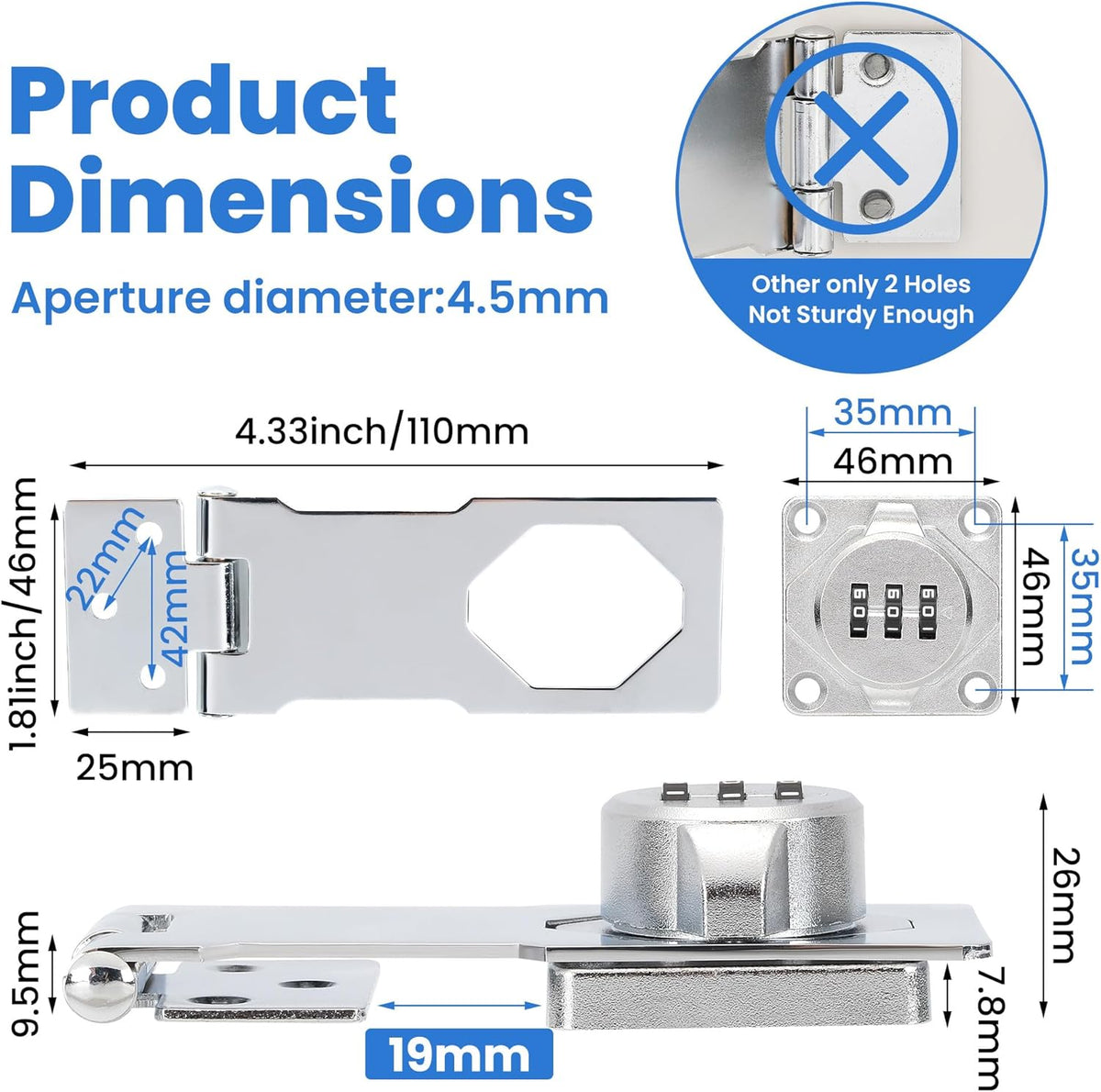 Keyless Cabinet Lock with Combination Code - 3-Digit Password Hasp Latch Lock for Drawers, Bifold