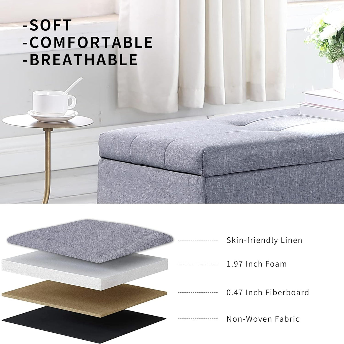 Hinged Storage Ottoman Set of 3, 38'' Living Room Storage Bench with Thick Seating, 2pcs Small