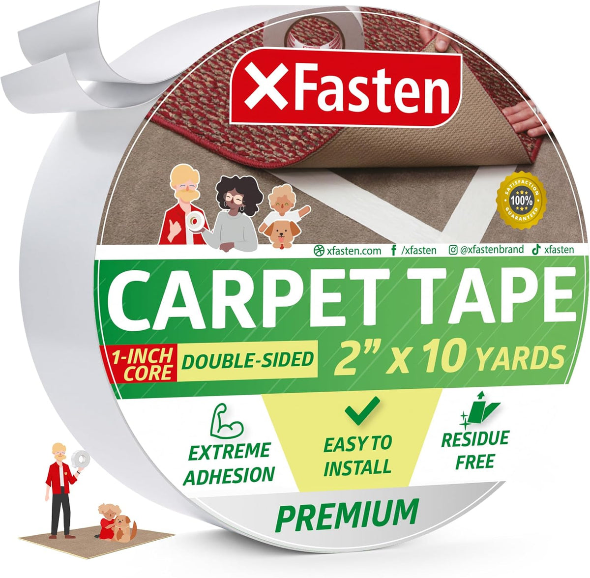 XFasten Double Sided Carpet Tape for Area Rugs, 2 Inch x 10 Yards 1-Inch Core – Heavy Duty Anti