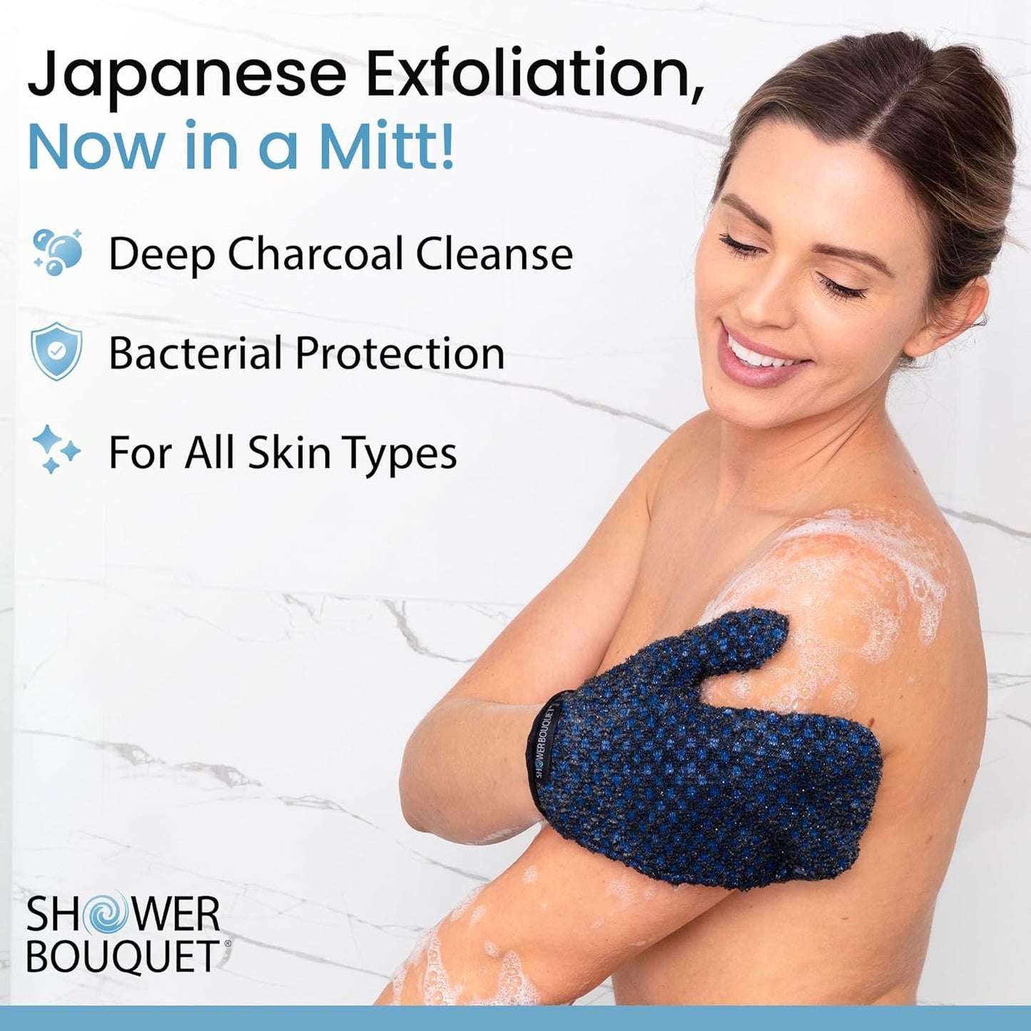Japanese Exfoliating Mitt for Shower [1-Pack, Blue] - Charcoal & Silver Ion Exfoliating Glove