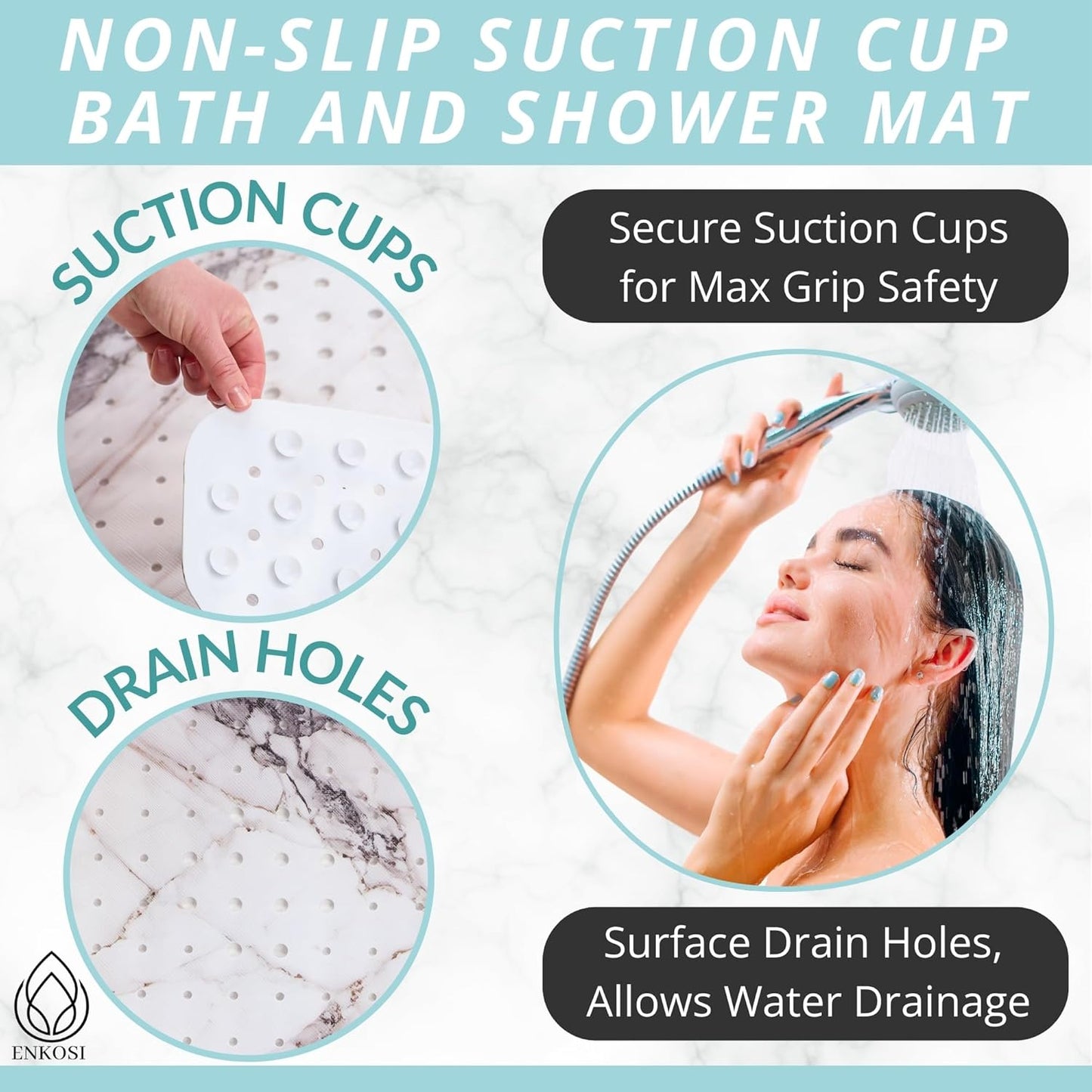 ENKOSI Bath Mat – Large 40 x 16 Inch Non-Slip Bathtub Mat with Suction Cups & Drain Holes – Extra