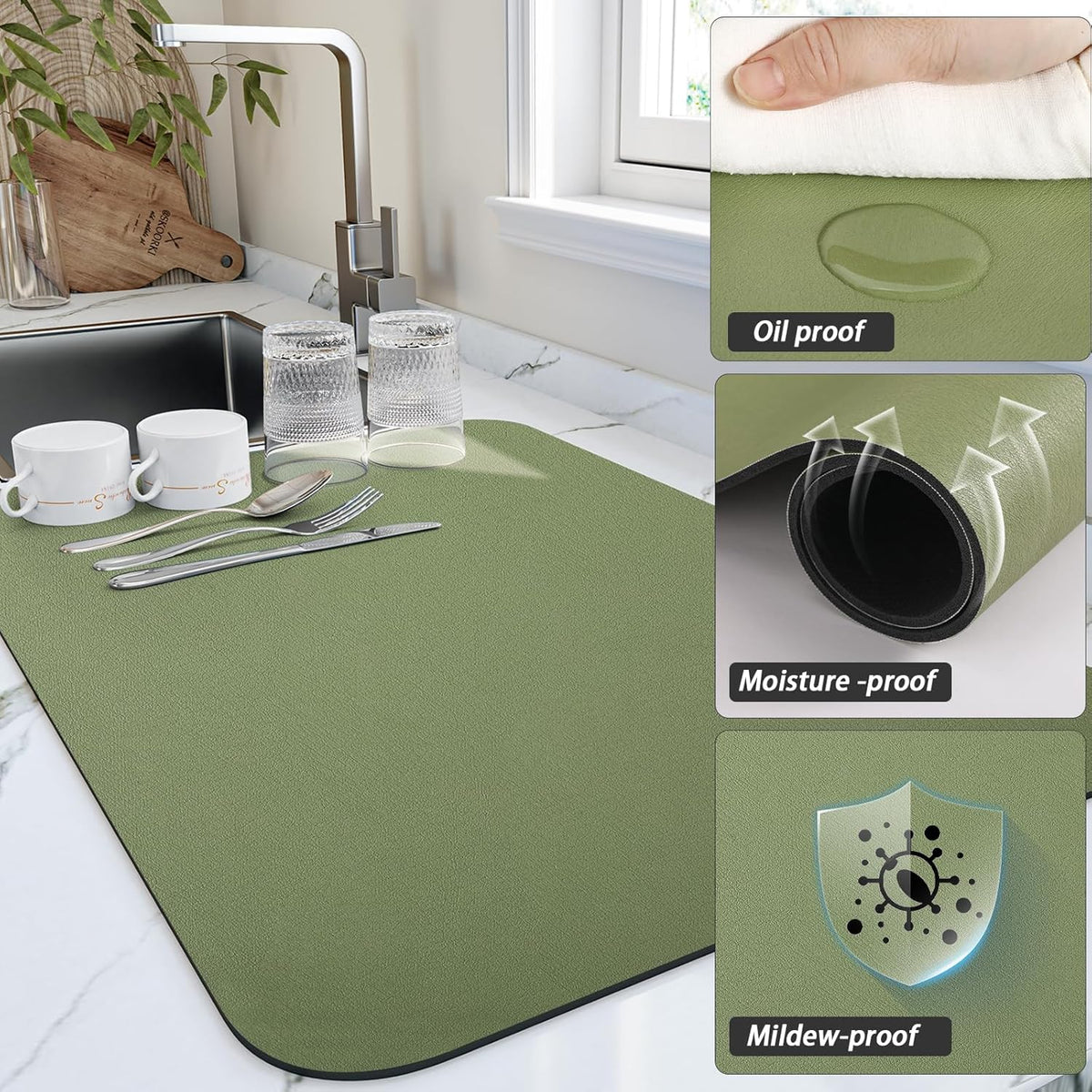 Dish Drying Mat for Kitchen Counter, Heat Resistant Drainer Mats with Non-slip Rubber Backed, Hide