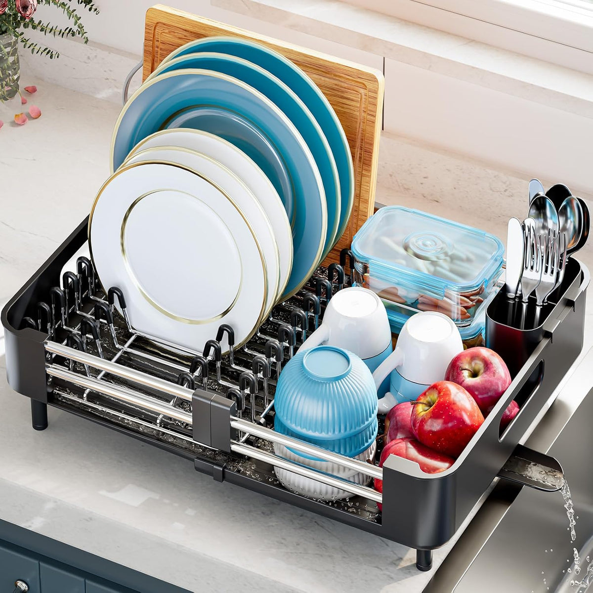 Dish Drying Rack for Kitchen Counter, Extendable Dish Rack with Drainboard, Collapsible Dish
