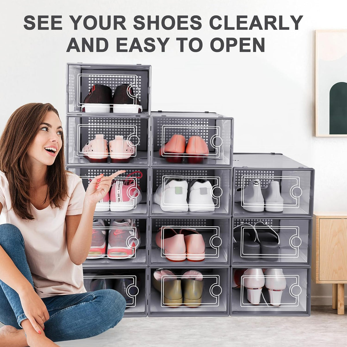 Kuject Large Shoe Organizers Storage Boxes for Closet, 12 Pack Clear Plastic Stackable Storage Bins