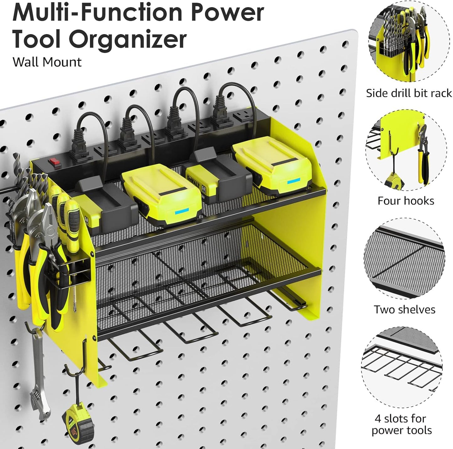 CCCEI Set Power Tool Organizer Wall Mount with Charging Station. Garage 4 Drill Storage Shelf with