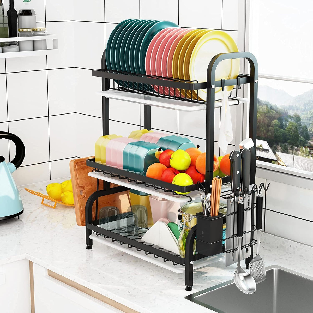 1Easylife Drying Rack, Metal 3-Tier Large Capacity Dish Rack with Utensil Holder, Cutting Board