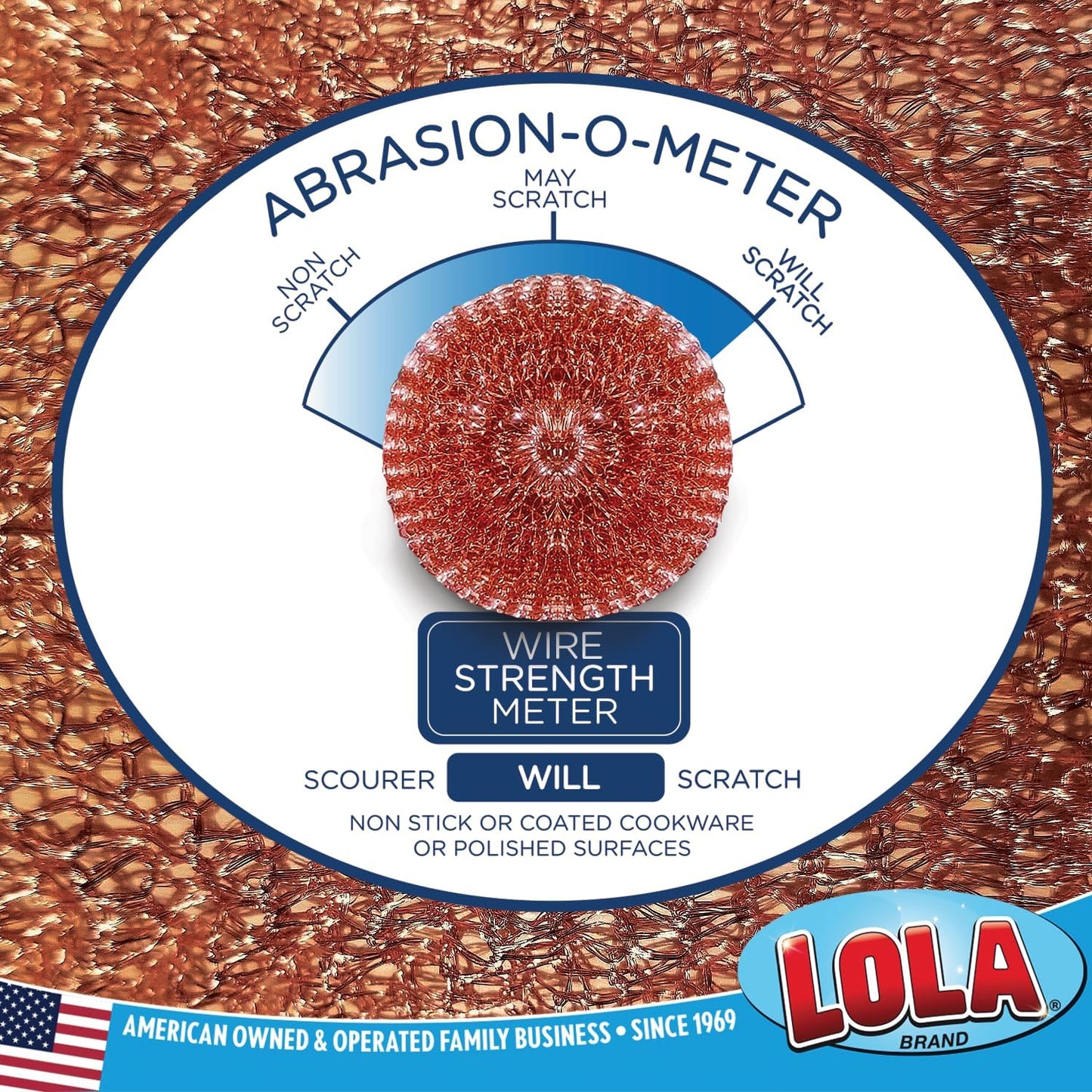 LOLA Copper Mesh Scouring Pad, 18 Grams, 12 Pack, eavy Duty Cleaning Pads, Copper Coated Knitted