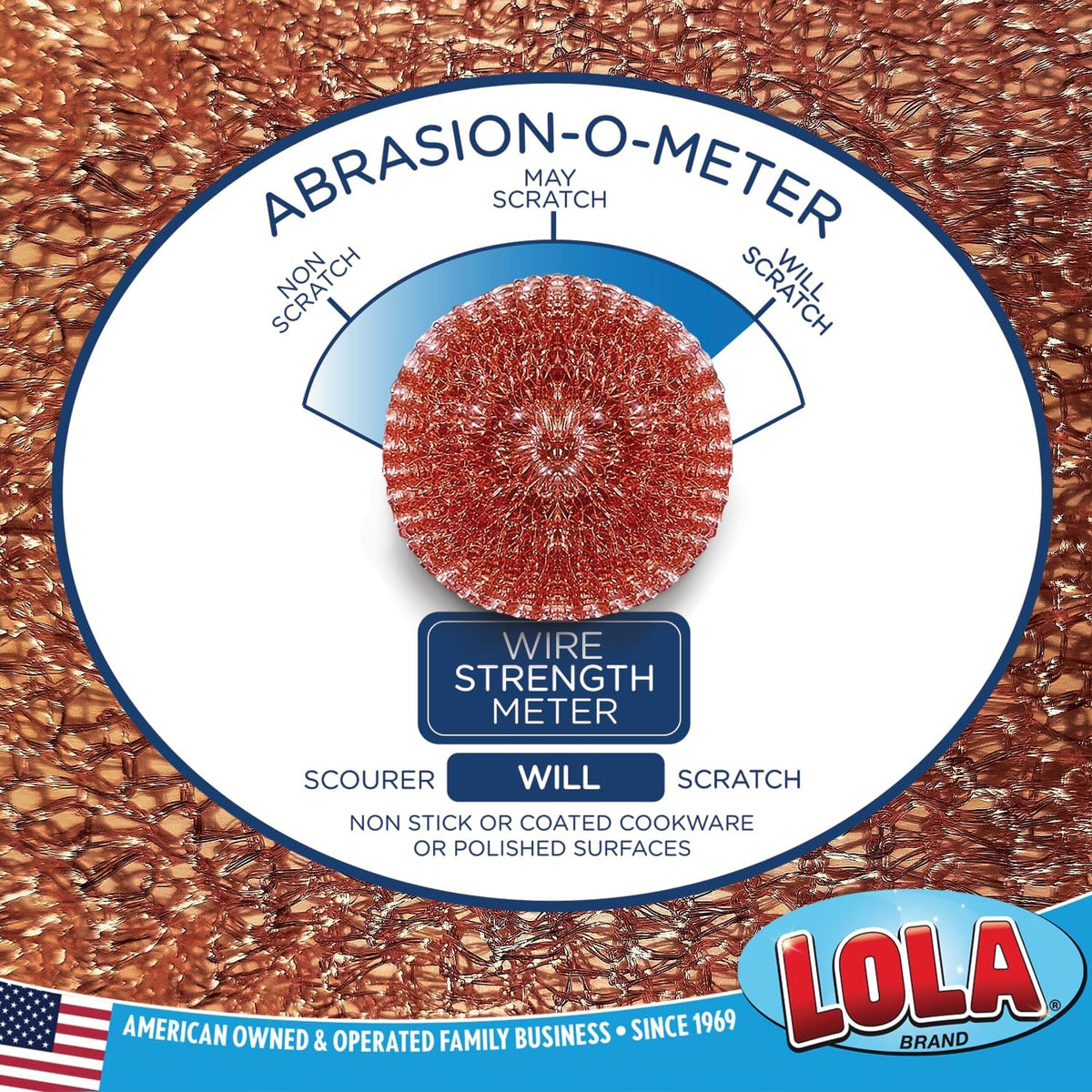 LOLA Copper Mesh Scouring Pad, 18 Grams, 12 Pack, eavy Duty Cleaning Pads, Copper Coated Knitted