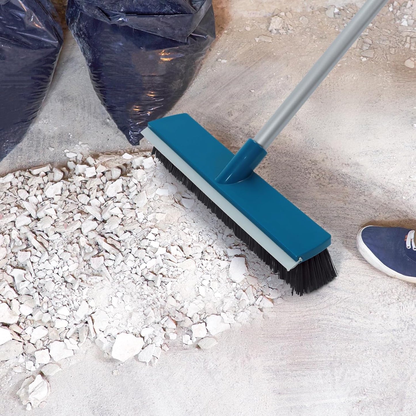 16-Inch Push Broom Outdoor with Rubber Squeegee and 58" Long Handle, 2 in 1 Commercial Broom Brush