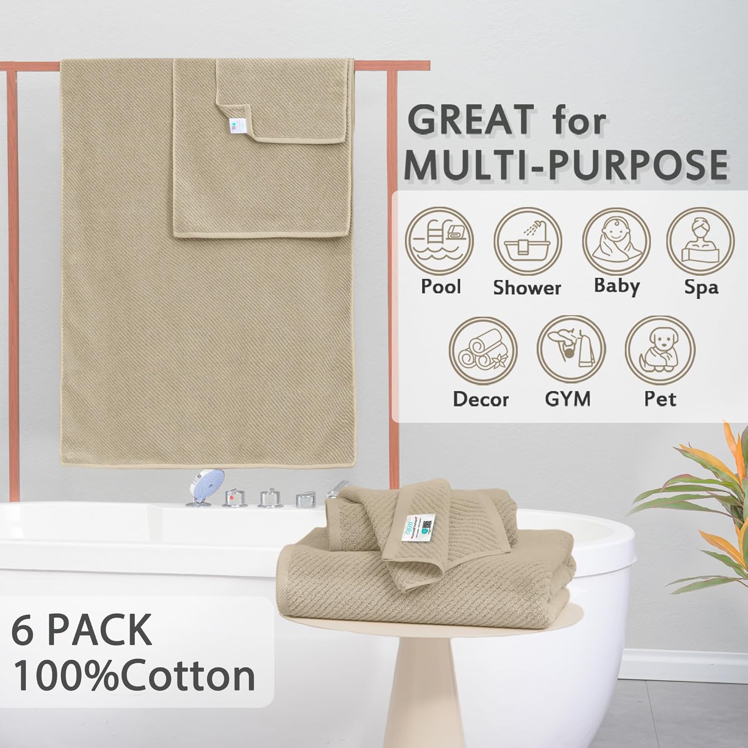 VOOVA & MOVAS Tan Bath Towels - 100% Cotton | Lightweight | Soft | Thick, 2 Bath 30"x56", 2 Hand