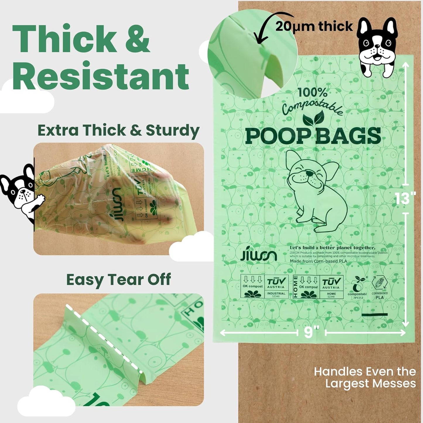 JIWON Dog Poop Bag Dispenser with 100% Compostable Refill Roll, Thick & Leakproof, Plant-Based