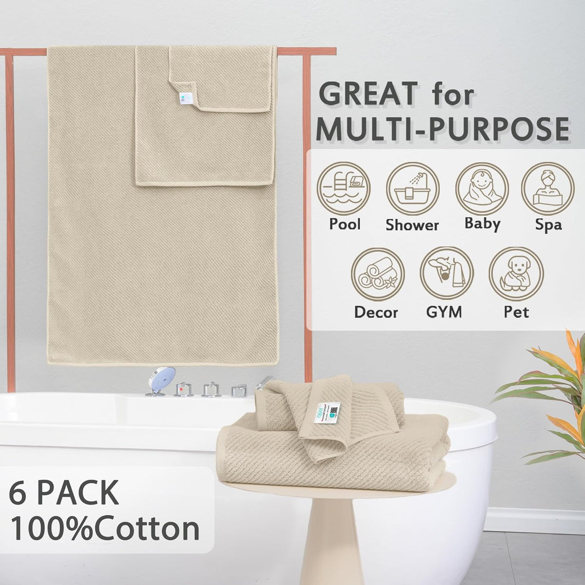 VOOVA & MOVAS Bath Towel Sets - 100% Cotton | Quick Dry | Light Weight | Thick | Soft, Beige Towels