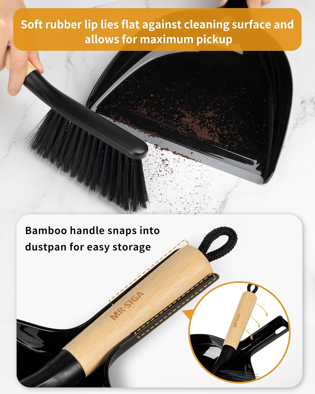 MR.SIGA Dustpan and Brush Set, Portable Cleaning Brush and Dustpan Combo with Bamboo Handle, Black