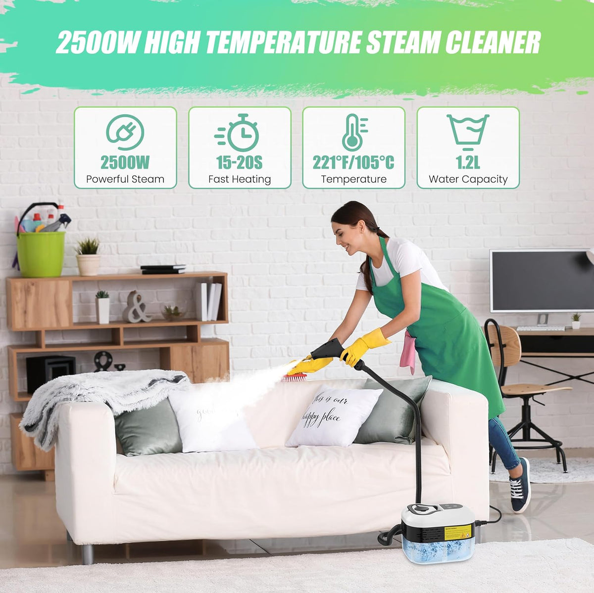 2500W Steam Cleaner for Home Use, 6-level Speed Adjustable Handle, 1.2L Handheld Car Steam Cleaner
