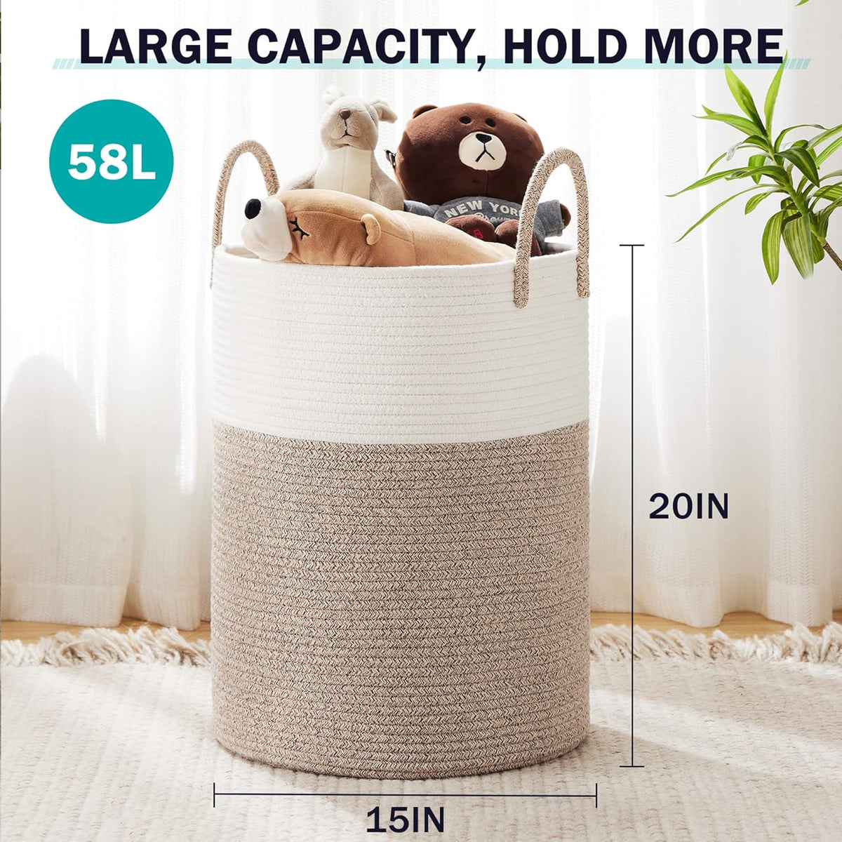 YOUDENOVA Woven Rope Laundry Hamper Basket, 58L Tall Laundry Basket, Baby Nursery Hamper for