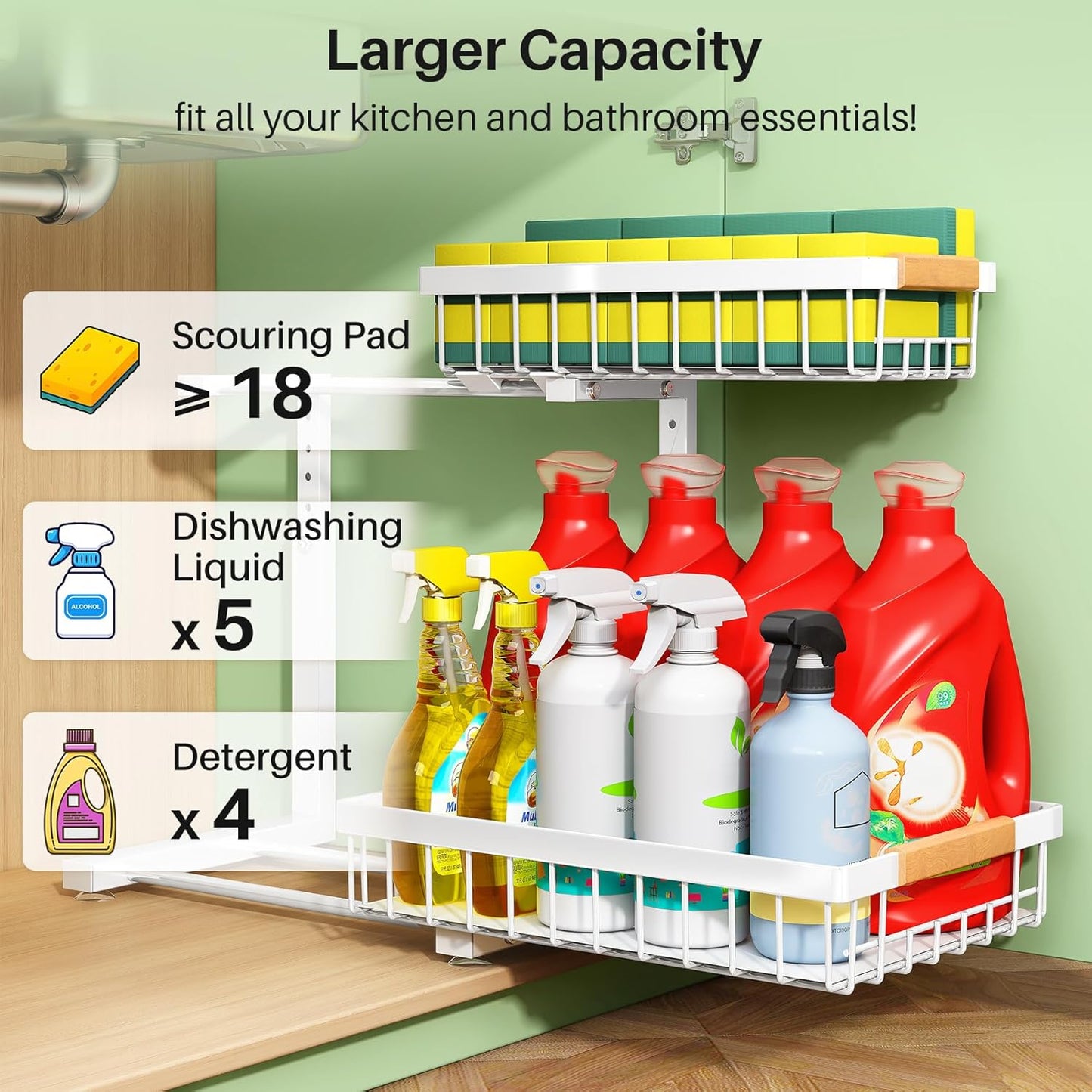 Under Sink Organizer, 2 Packs 2 Tier Under Sink Organizers and Storage, Slide out Pull out Cabinet