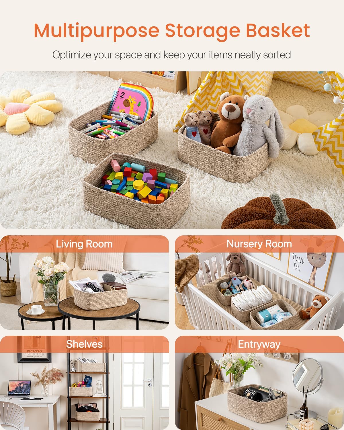 Small Woven Basket, 13.5 x 9.5 x 5 Inches, Storage Basket for Organizing, Cute Small Rope Shelf