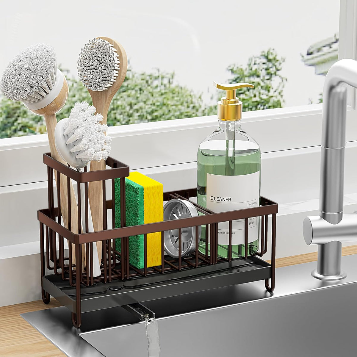 Cisily Brown Sponge Holder for Kitchen Sink, Sink Caddy Organizer with High Brush Holder, Kitchen