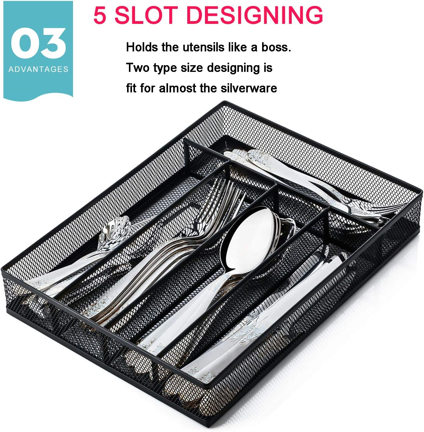 JANE EYRE Utensil Drawer Organizer, Cutlery Tray Silverware Flatware Storage Divider for Kitchen