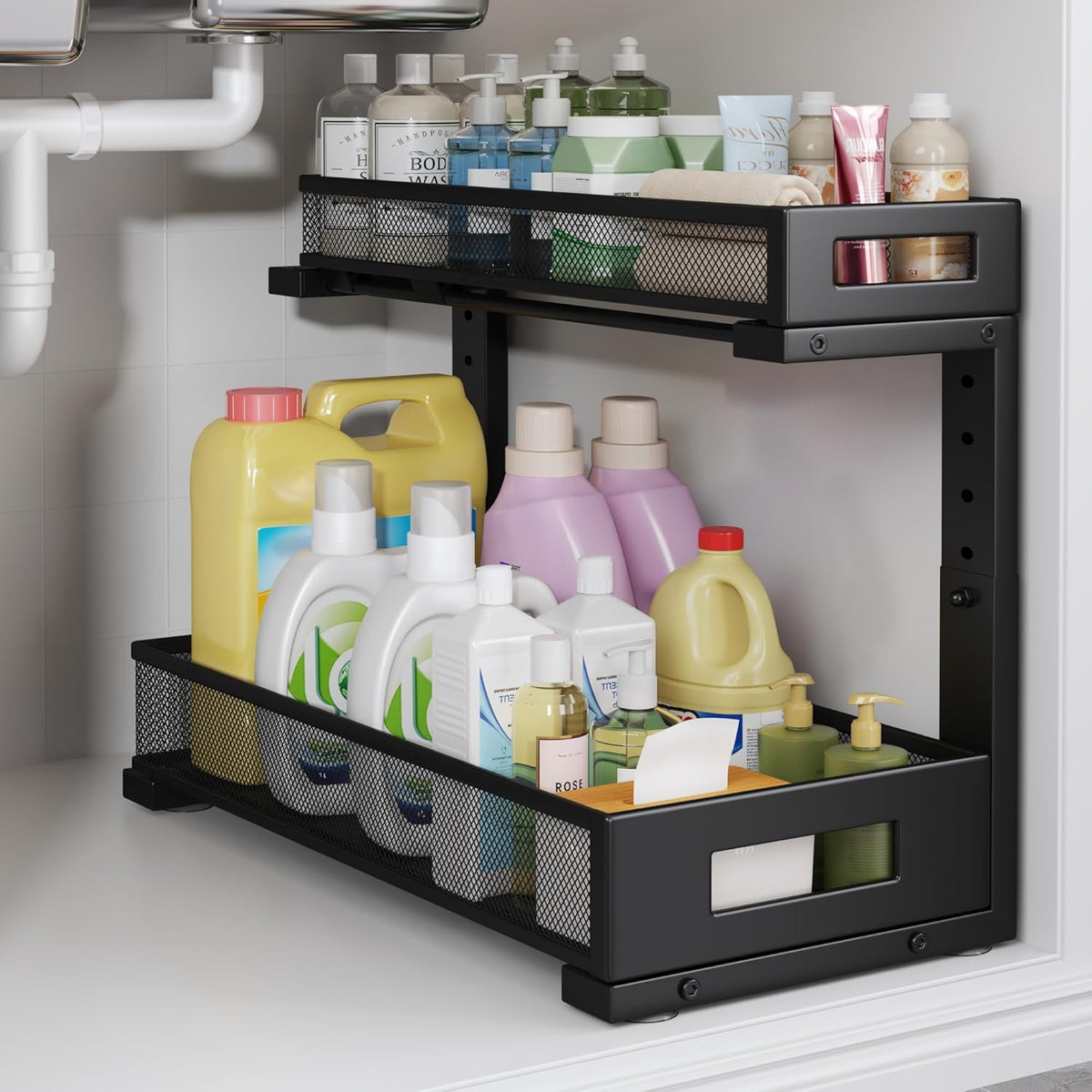 1 Pack 17IN Depth Under Sink Storage Organizer, Large 2-Tier Elegant Mesh Pull Out Shelf for