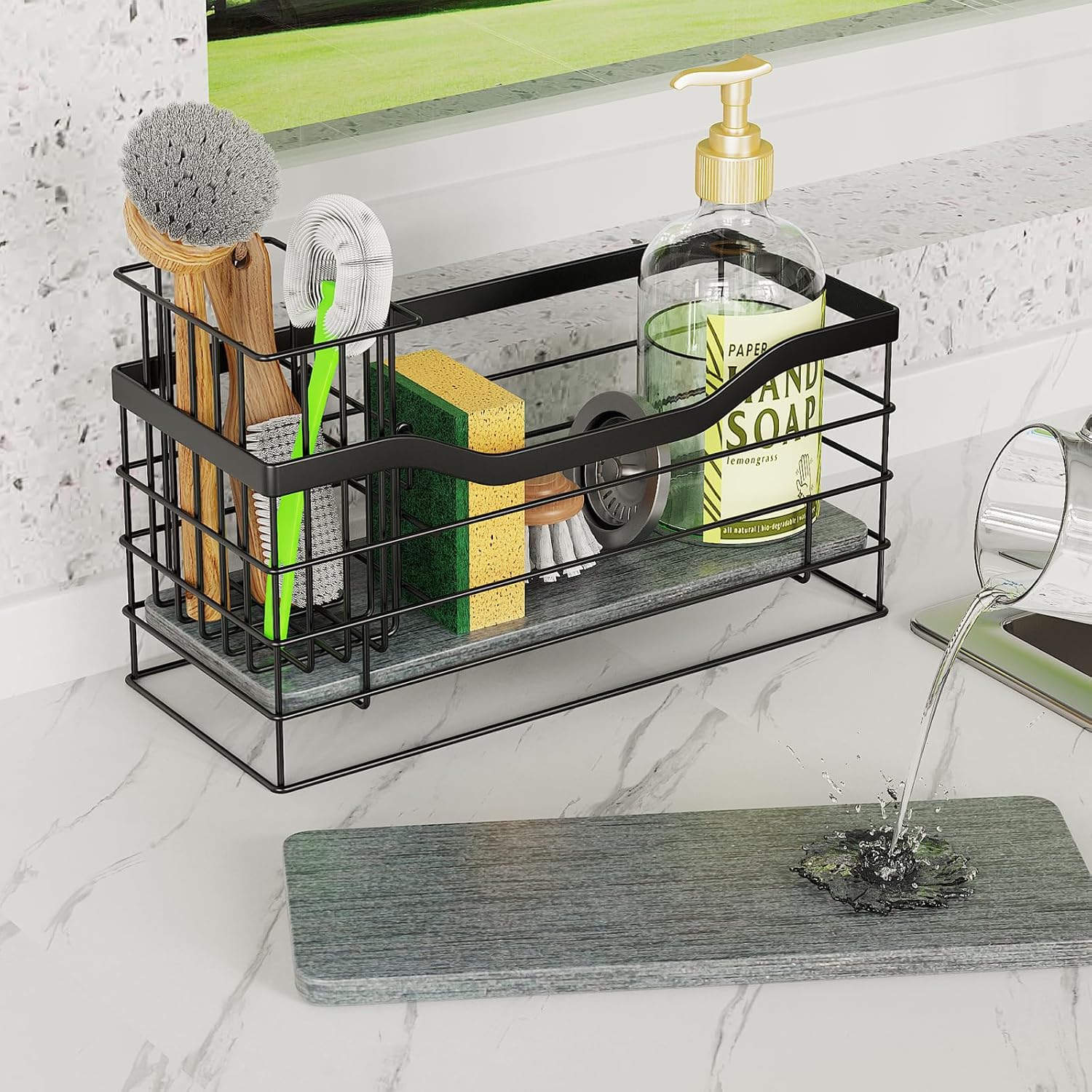 Sponge Holder for Kitchen Sink, Stainless Steel Sink Caddy and Drying Rack with Absorbent Stone