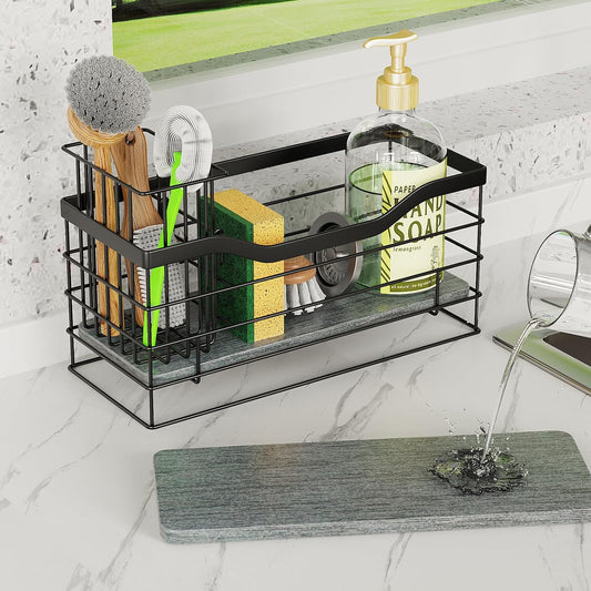Sponge Holder for Kitchen Sink, Stainless Steel Sink Caddy and Drying Rack with Absorbent Stone