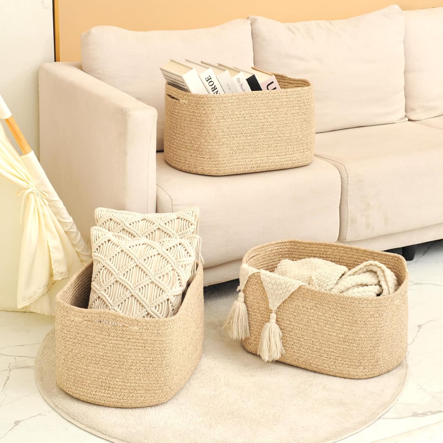 Large Storage Baskets for Organizing Shelves, Woven Cotton Rope Bins for Baby Nursery Organization