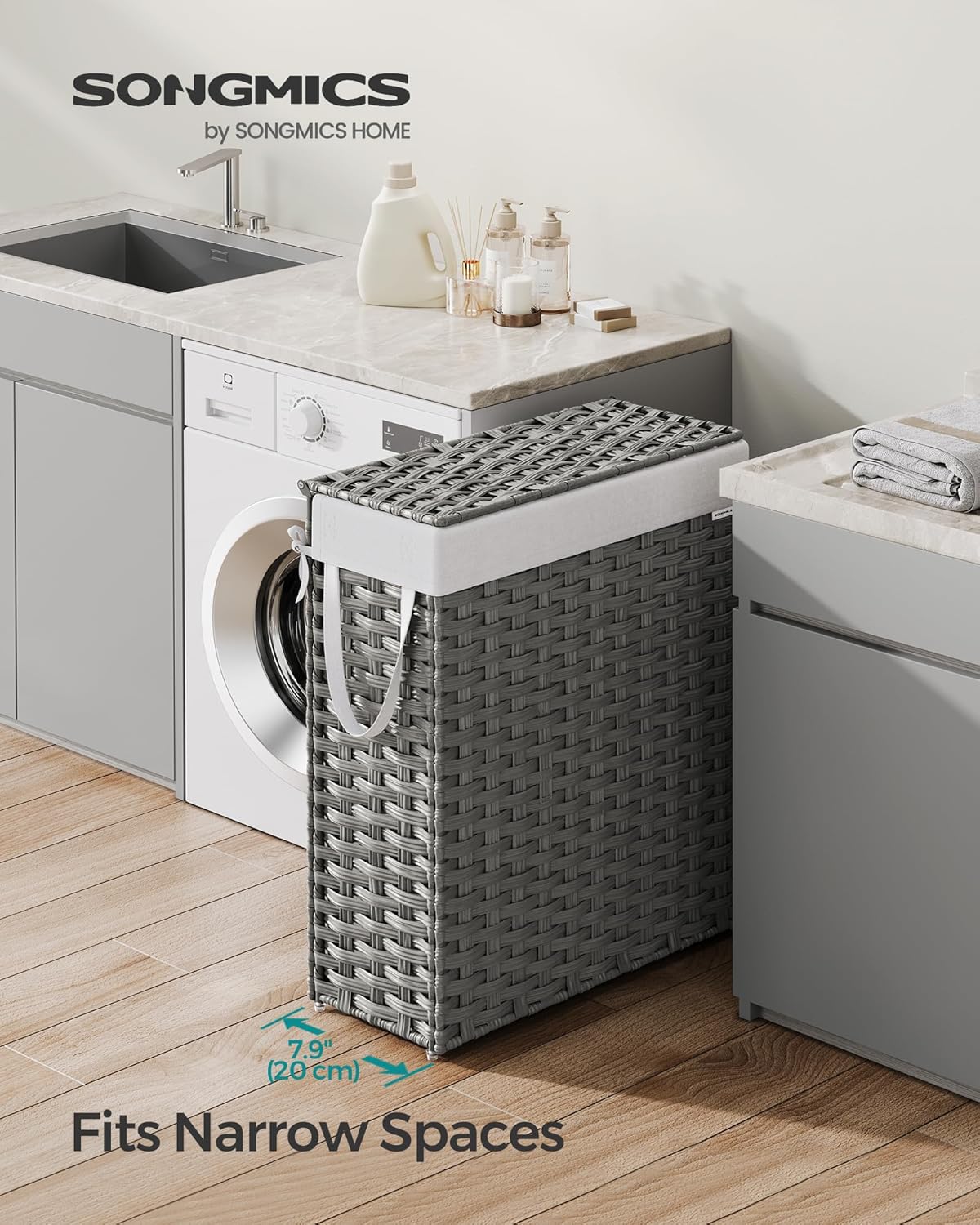 SONGMICS Slim Laundry Hamper with Lid, 14.5 Gallon (55L) Rattan Clothes Laundry Basket with Lid and