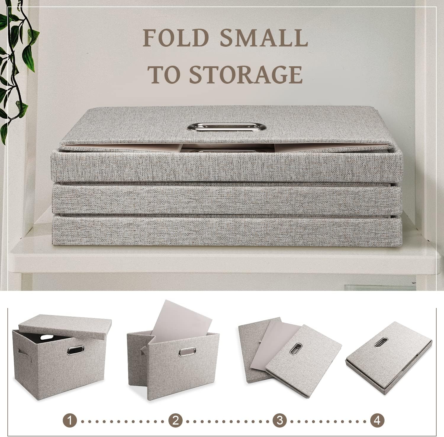 Medium 15" 21 Quart Collapsible Stackable Storage Bins with Lids, 3 Packs Beige Foldable Fabric