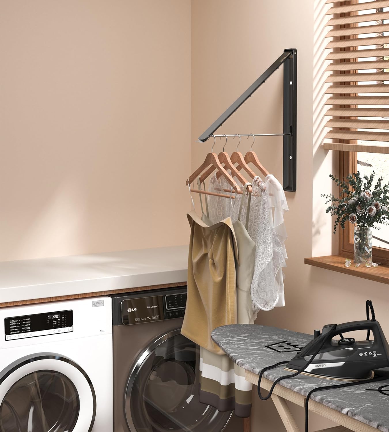 Dr.DJ Clothes Drying Rack with Rod, Wall-Mounted Retractable & Foldable Clothes Hanger for Laundry