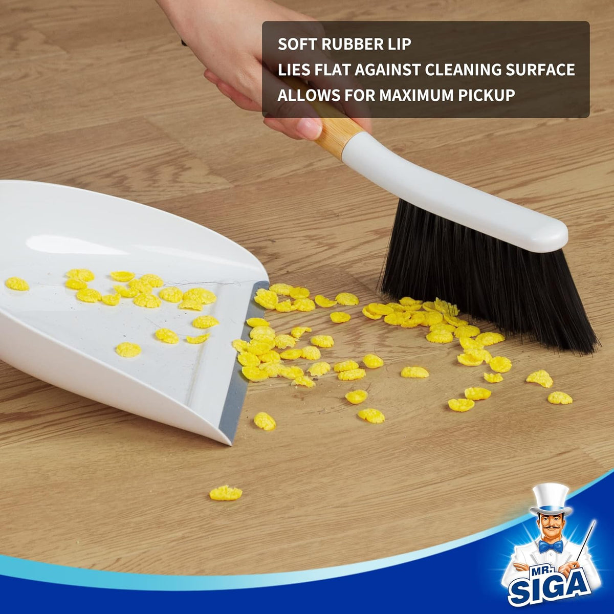 MR.SIGA Dustpan and Brush Set, Portable Cleaning Brush and Dustpan Combo with Bamboo Handle, White