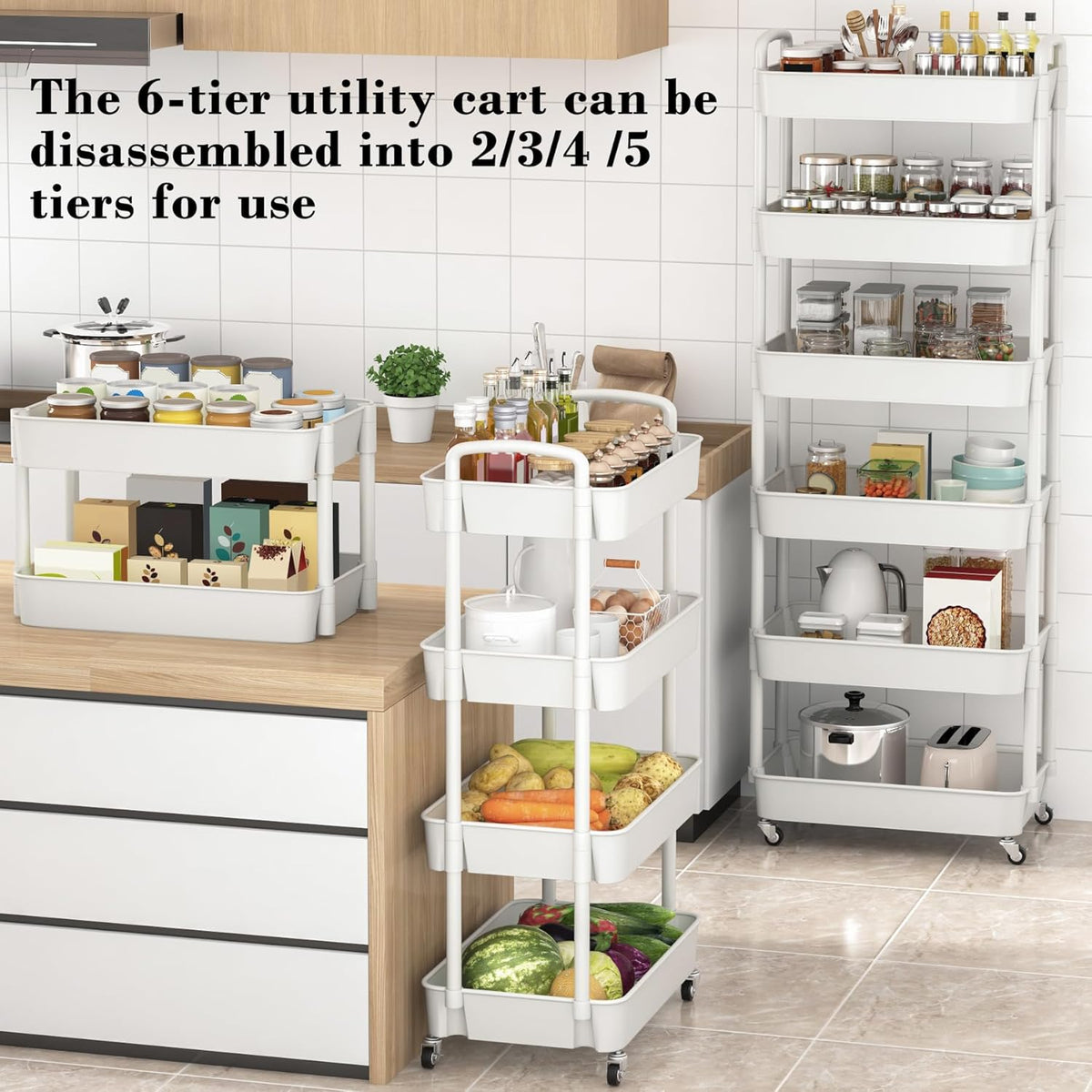 Sywhitta 6-Tier Plastic Rolling Utility Cart with Handle, Multi-Functional Storage Trolley for