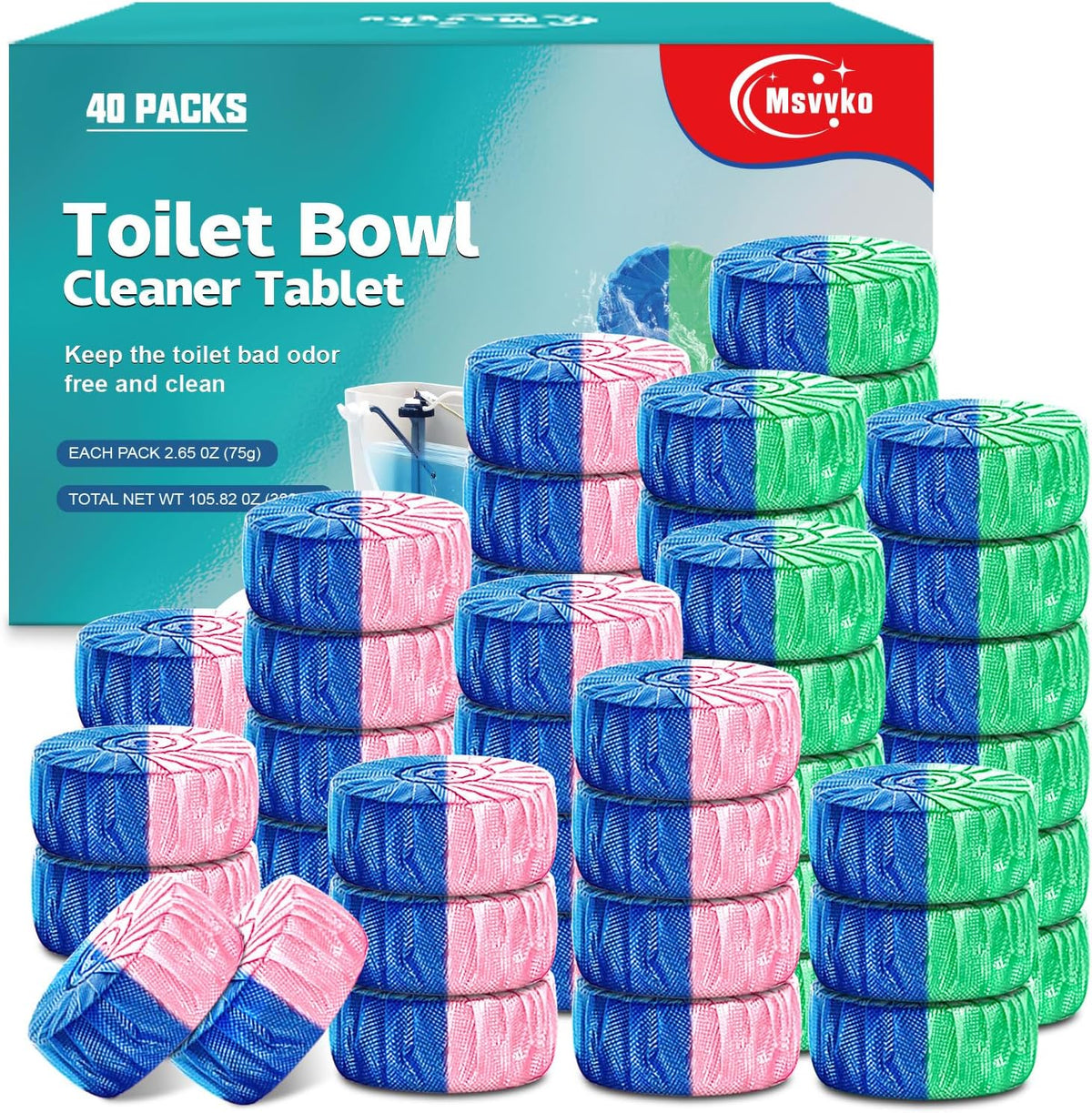 Toilet Bowl Cleaner Tablets 40 Packs, Two Colors Toilet Bowl Cleaners with Sustained-Release