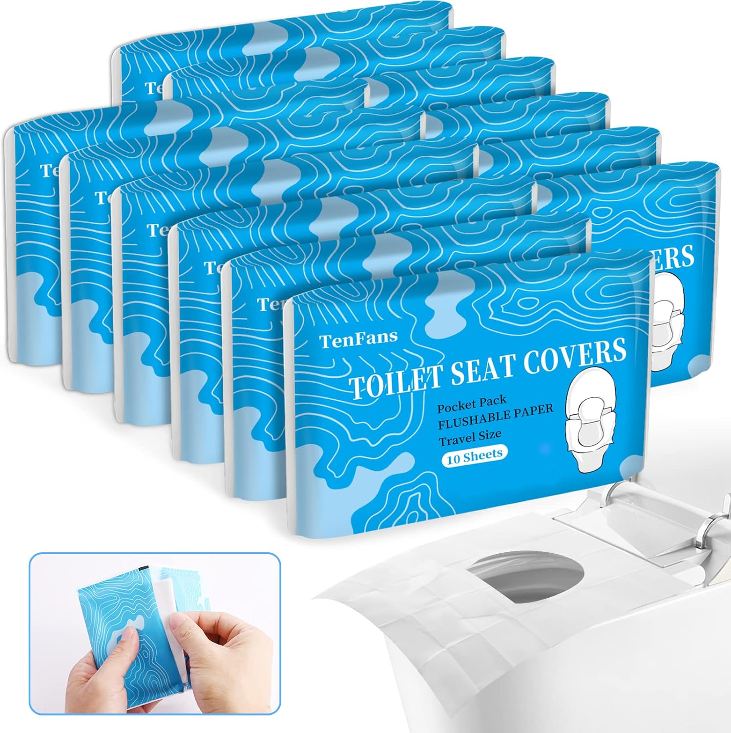TenFans Flushable Water-Soluble Toilet Seat Covers (120 Pack) - Disposable Toilet Paper Liners for