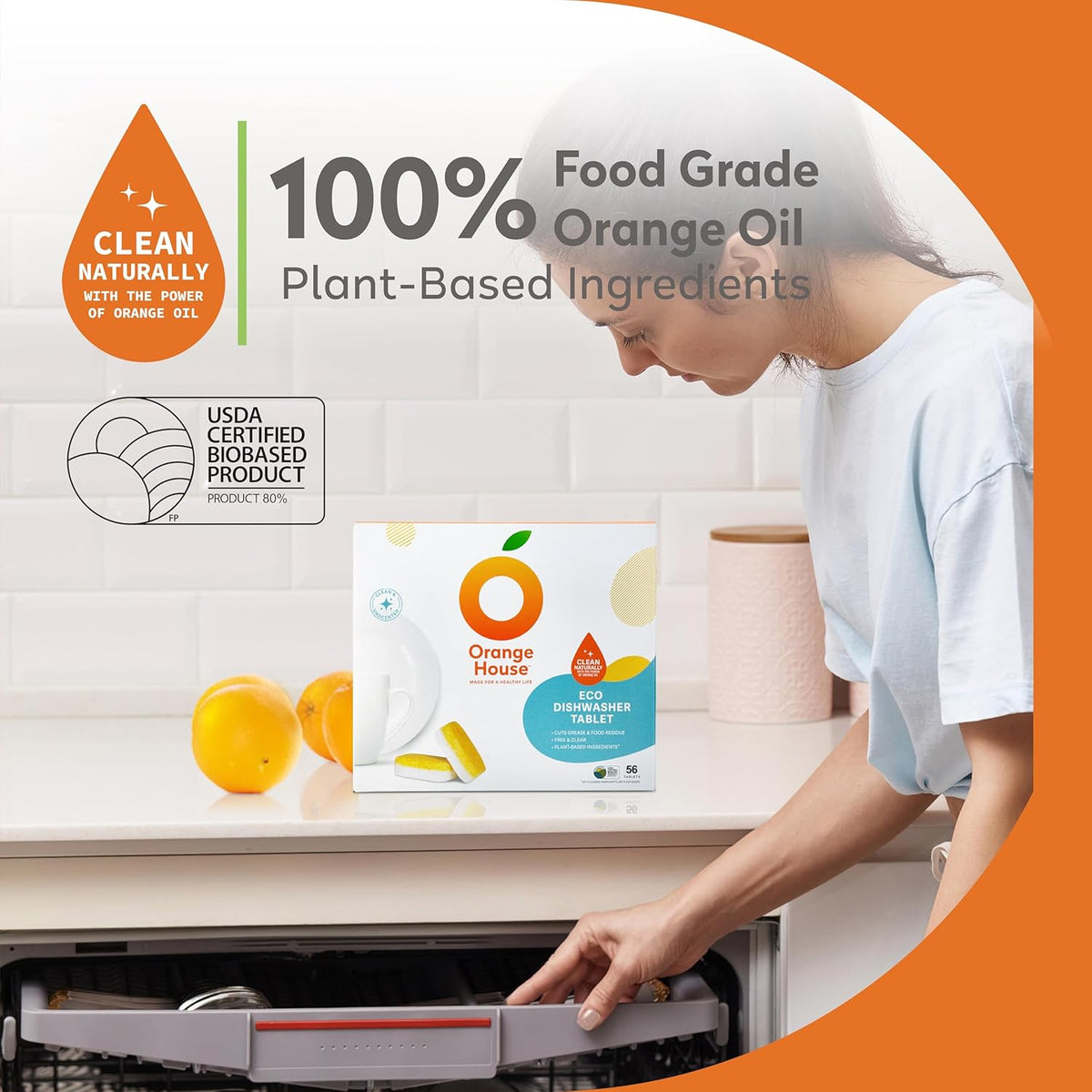 Orange House Plant Based Dishwasher Tabs 56 Count | 100% Food Grade Orange Oil, Deep Clean
