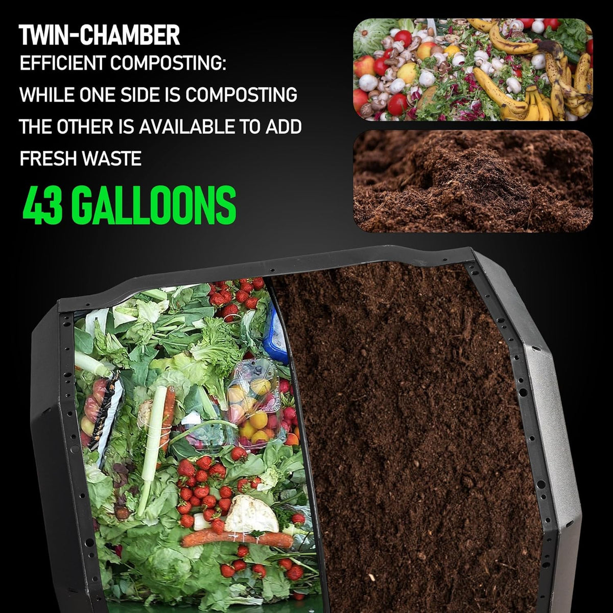 Hourleey Compost Bin Outdoor, 43 Gallon Dual Chamber Tumbling Composting Bin with Sliding Doors