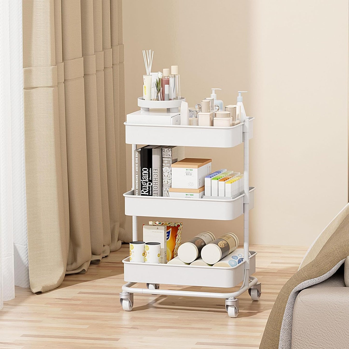 3-Tier Modern Metal Rolling Utility Cart with Silent Casters, 15.35x11.81x23.74 inch Heavy Duty